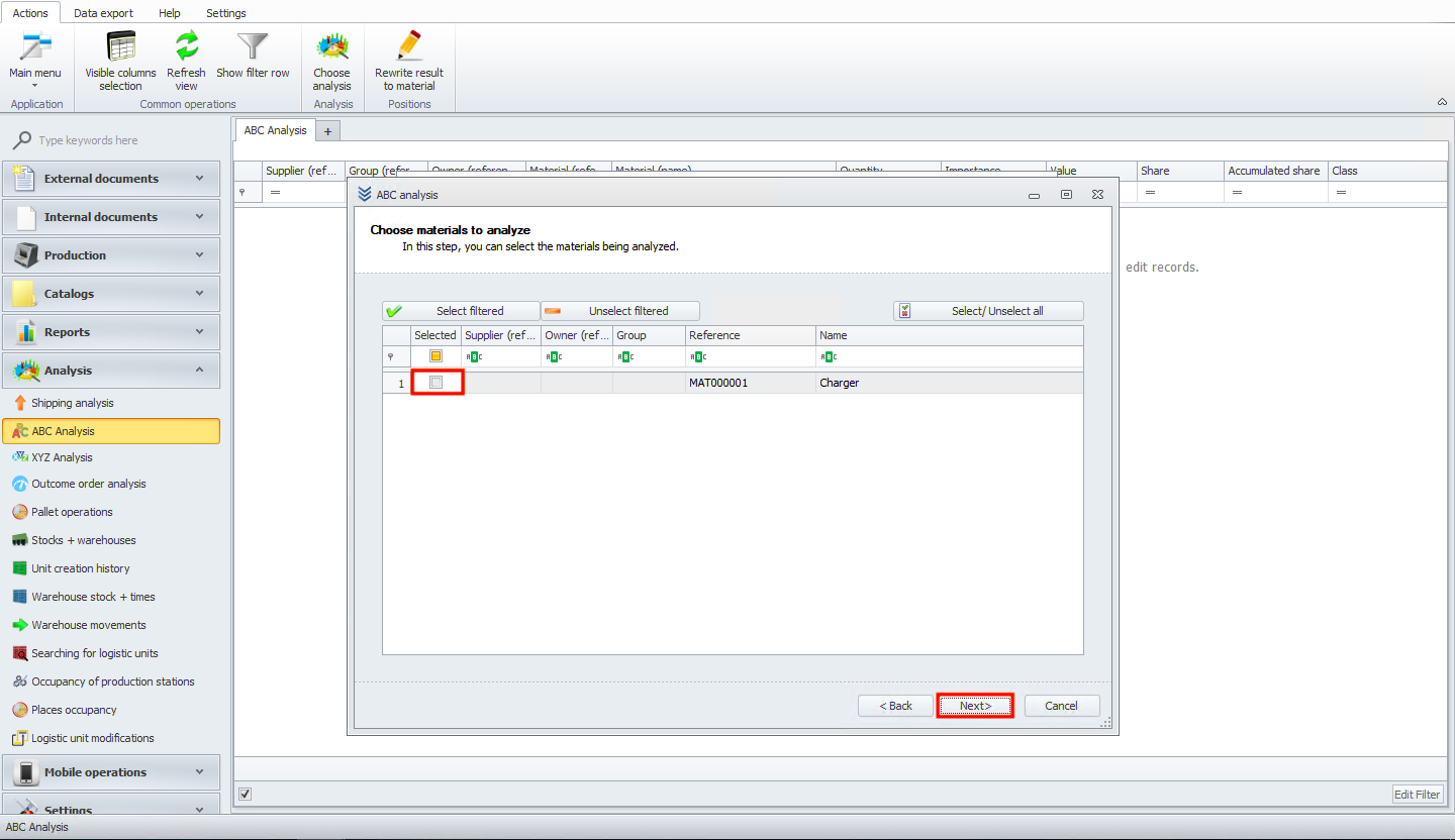 Selecting material for ABC analysis
