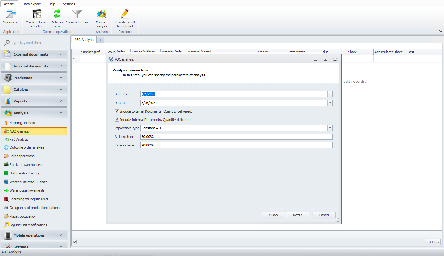 Defining ABC analysis parameters
