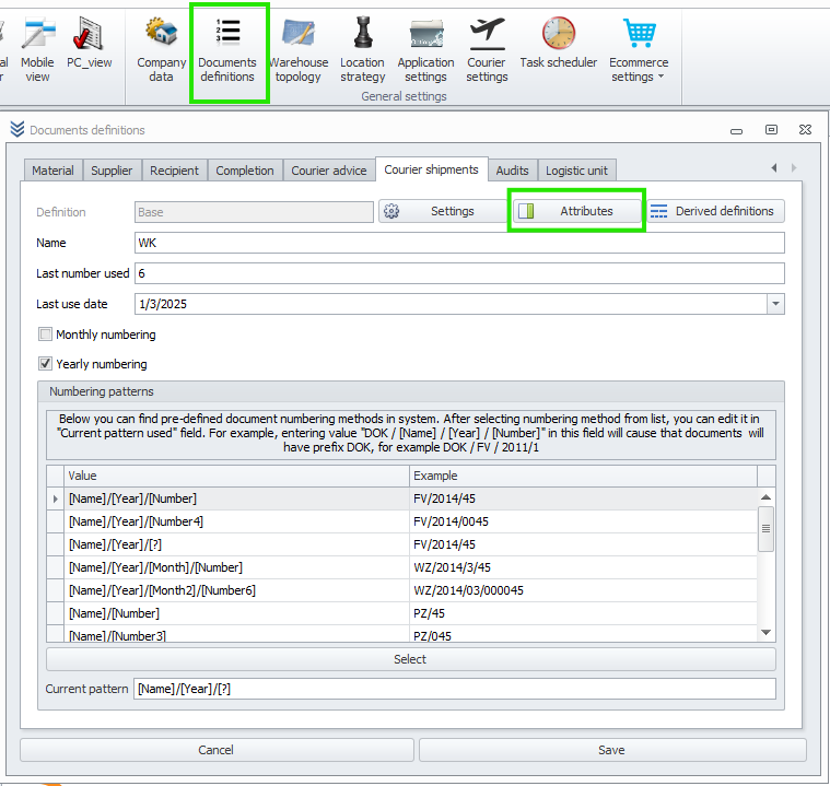 Document definitions window – “Attributes” button