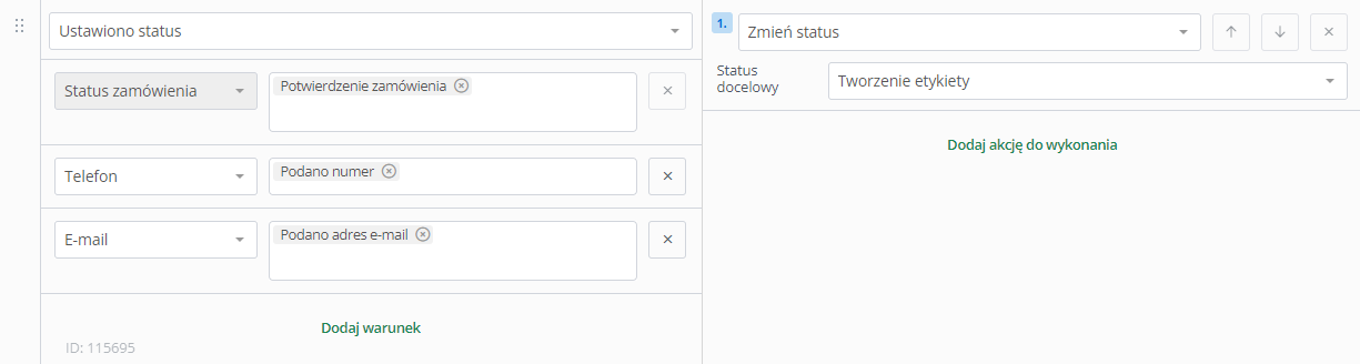 Automatic action setup – Confirm order