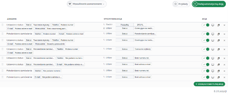 List of automatic actions in Baselinker