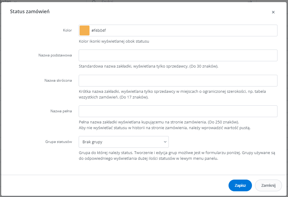View of the new order status creator in Baselinker
