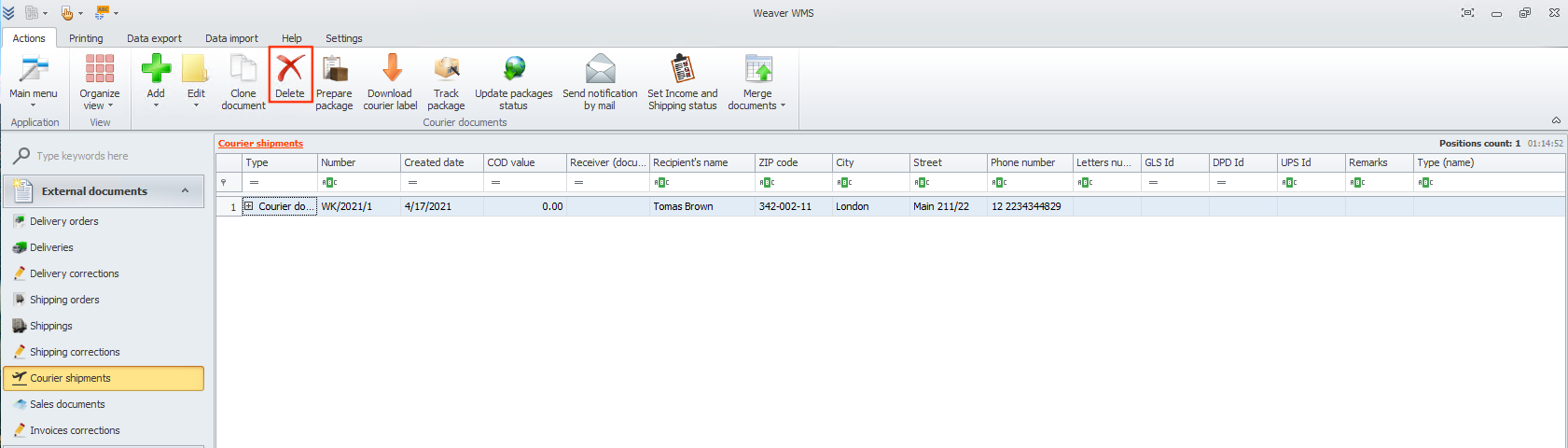 Delete shipment document