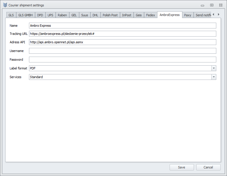 AmbroExpress Configuration Window AmbroExpress Configuration Window