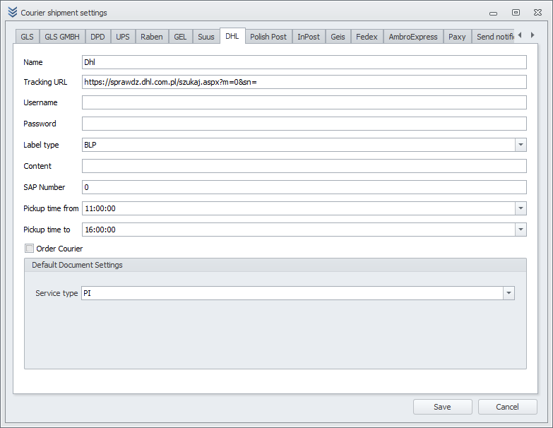 DHL Configuration Window DHL Configuration Window