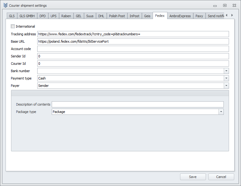 FedEx Configuration Window FedEx Configuration Window