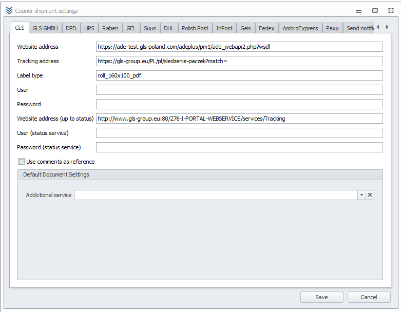 GLS Configuration Window GLS Configuration Window