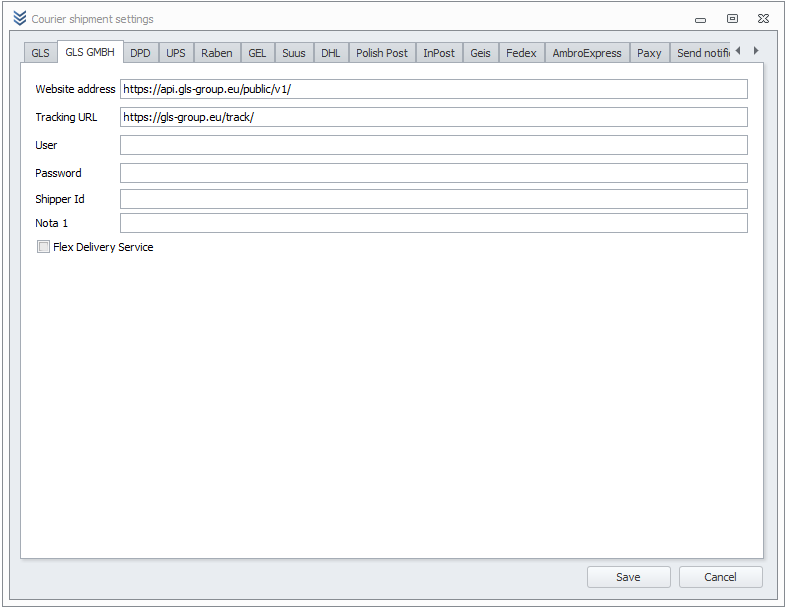 GLS GMBH Configuration Window GLS GMBH Configuration Window