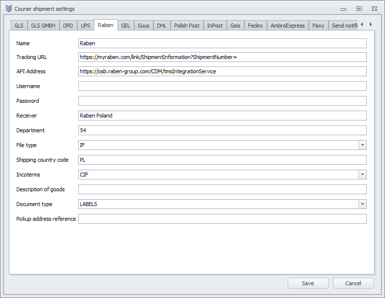 Raben Configuration Window Raben Configuration Window
