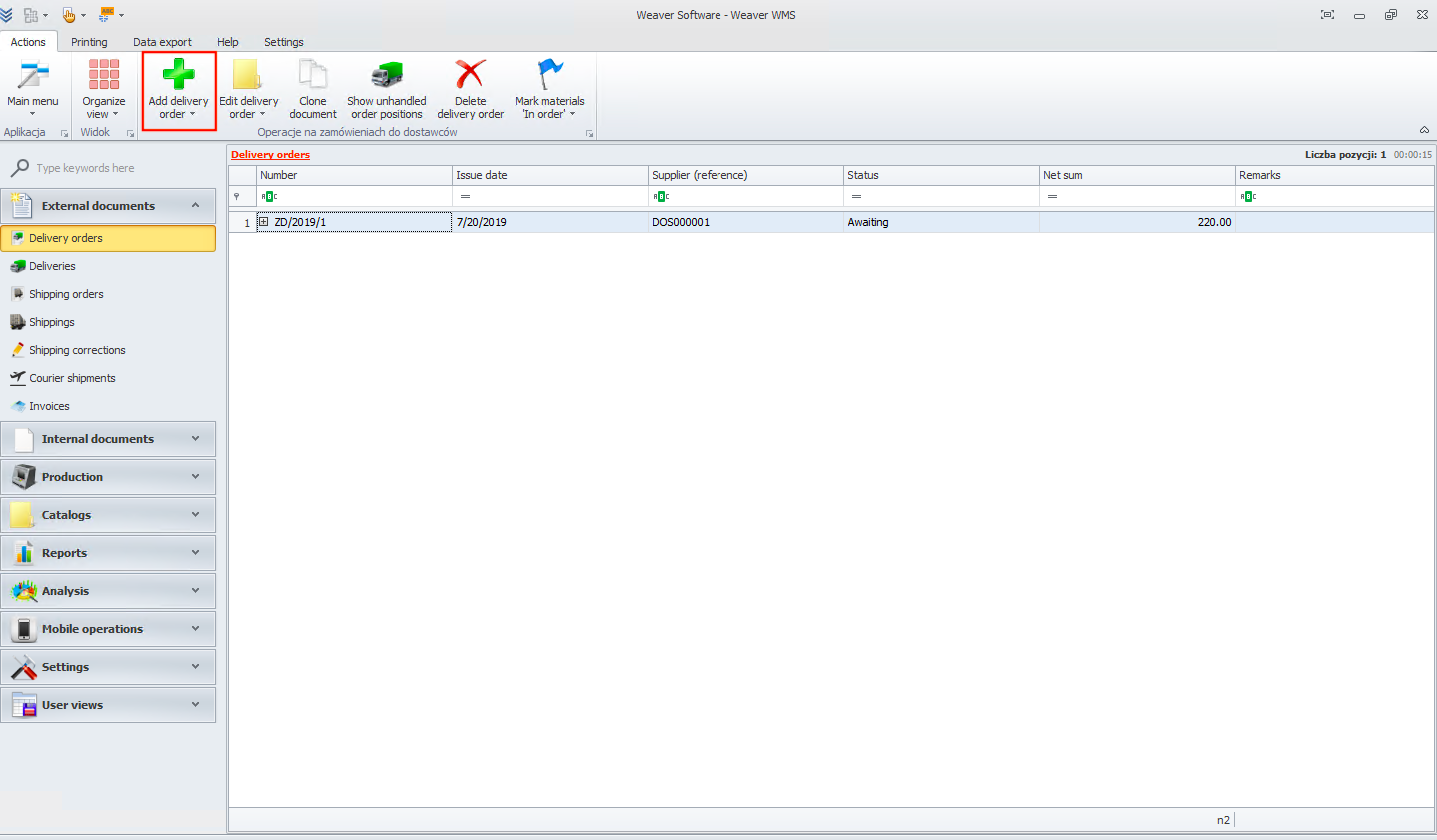 Click 'Add delivery order' button to start