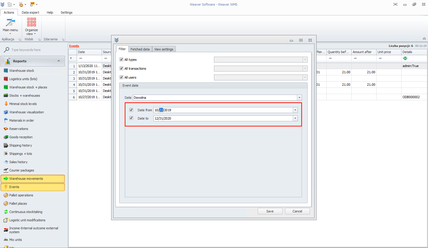 Filter events by date in Weaver WMS