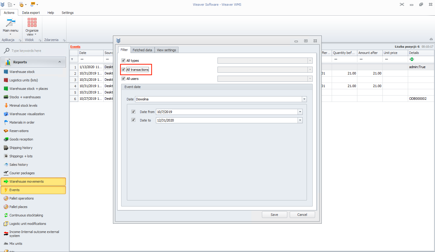 Filter transactions in Weaver WMS