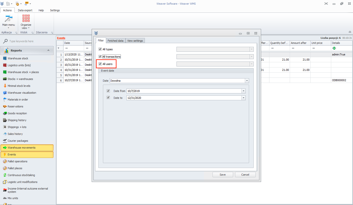 Filter events by users in Weaver WMS