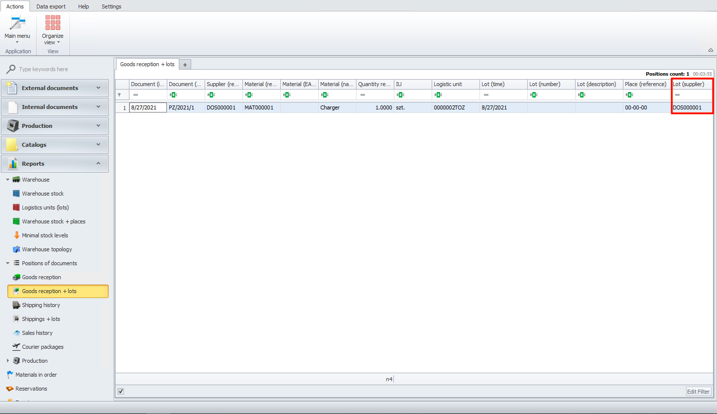 Main view with added lot supplier column in Weaver WMS
