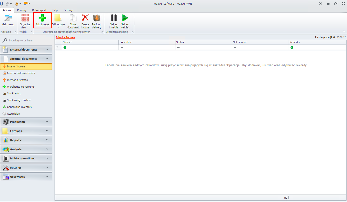 Add income button in Weaver WMS