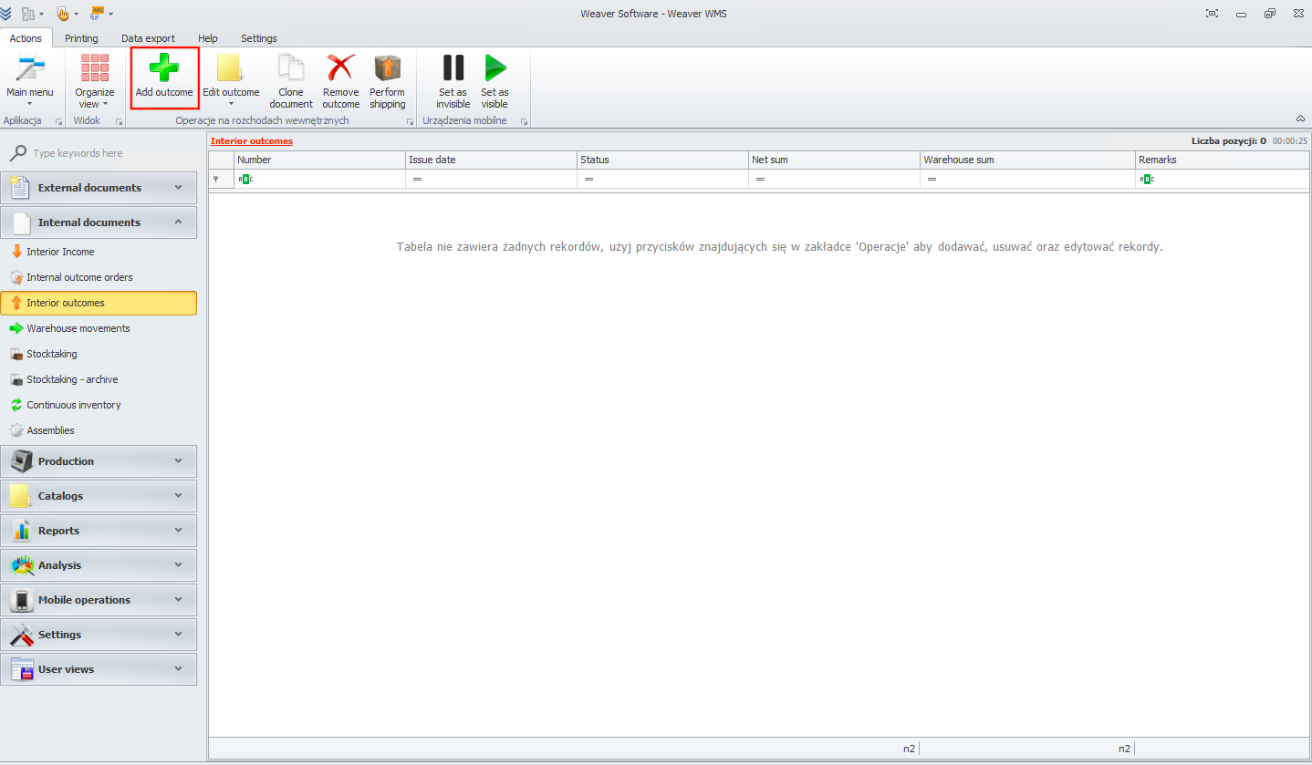 Add outcome button in Weaver WMS