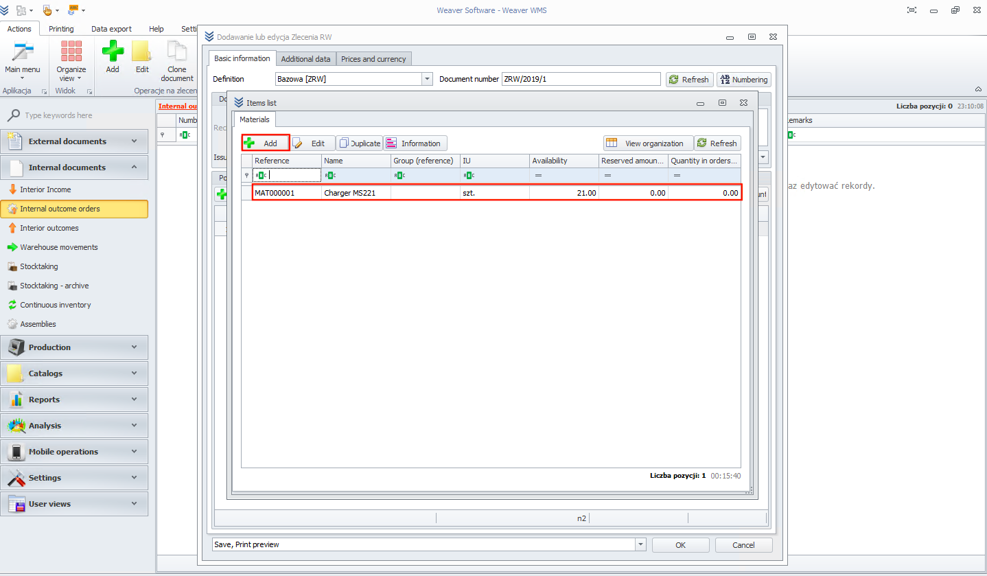 Selecting material in internal outcome orders