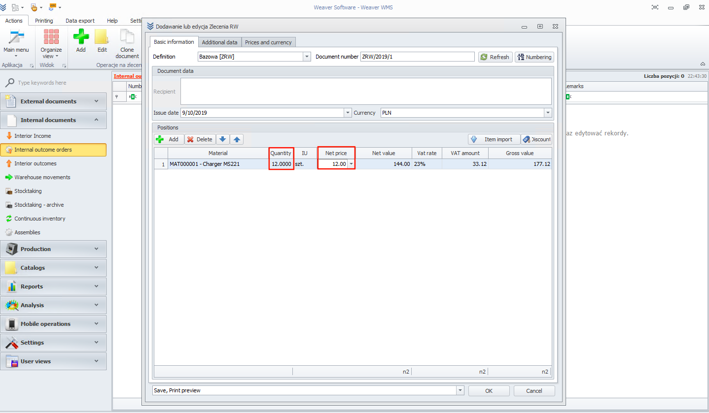 Setting quantity and net price in internal outcome orders
