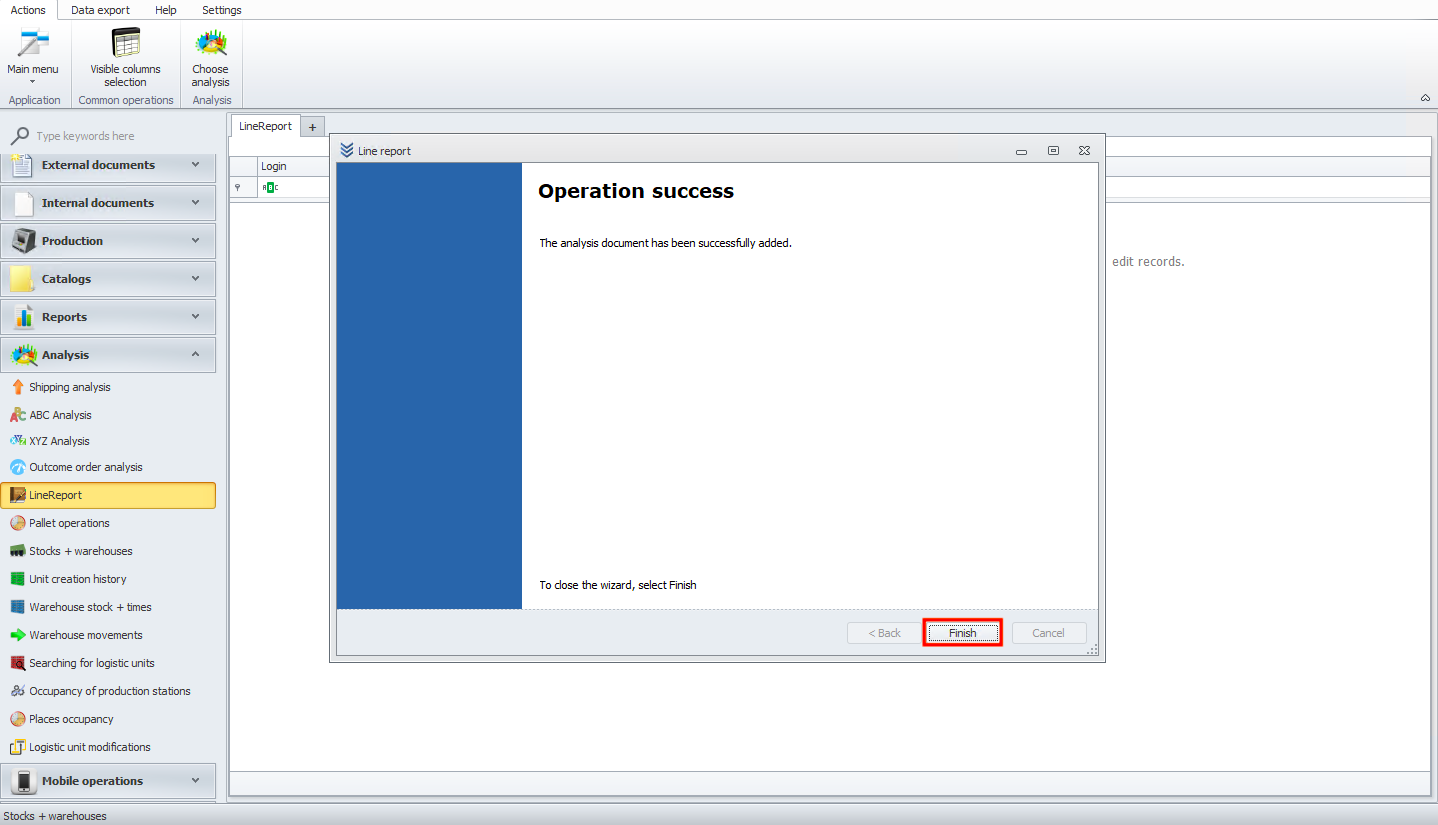 Final screen of the line report wizard