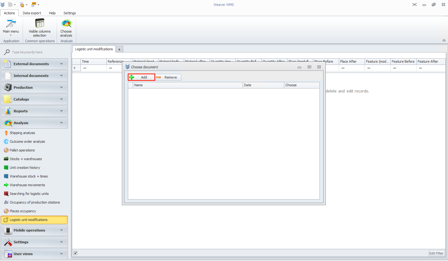 Adding a logistic unit modification document in Weaver WMS