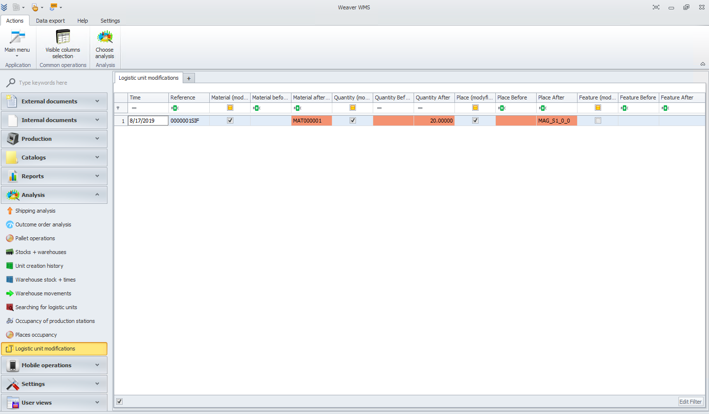 Ready logistic unit modifications document in Weaver WMS