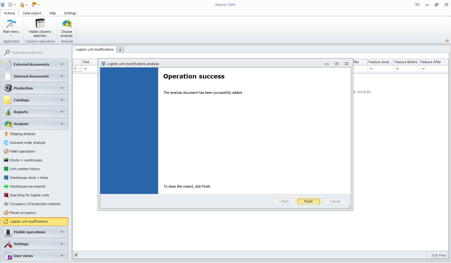 Final screen of the logistic unit modifications wizard