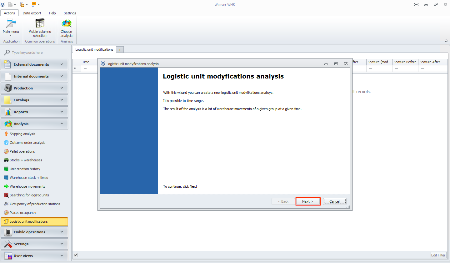 Wizard window for logistic unit modifications in Weaver WMS