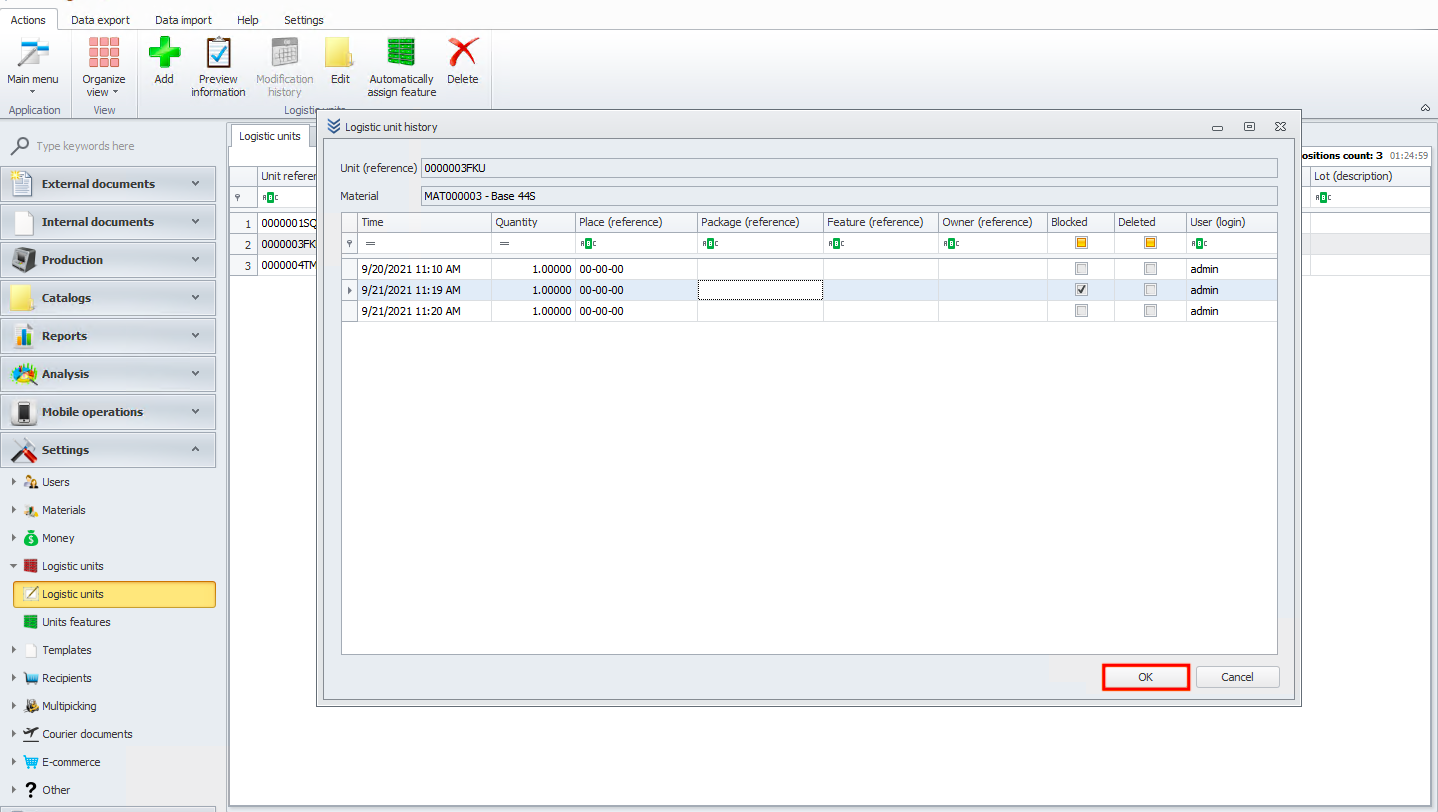Closing the logistic units window in Weaver WMS