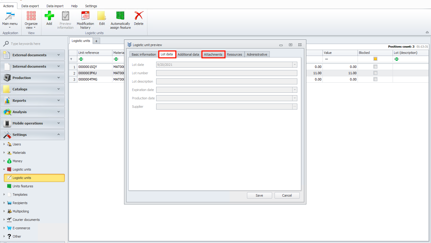 Viewing lot date and adding attachments in logistic units