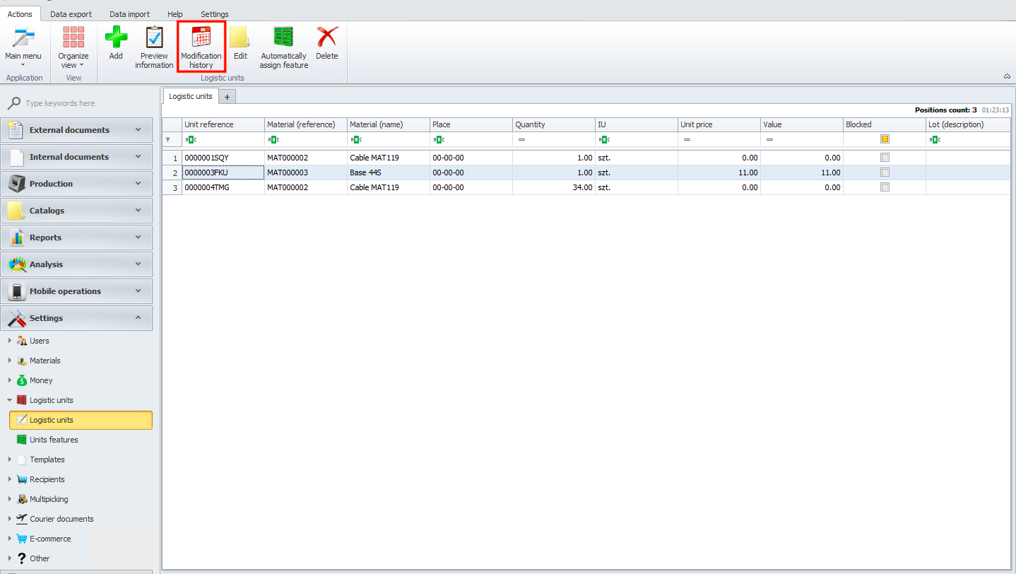 Modification history of a logistic unit in Weaver WMS