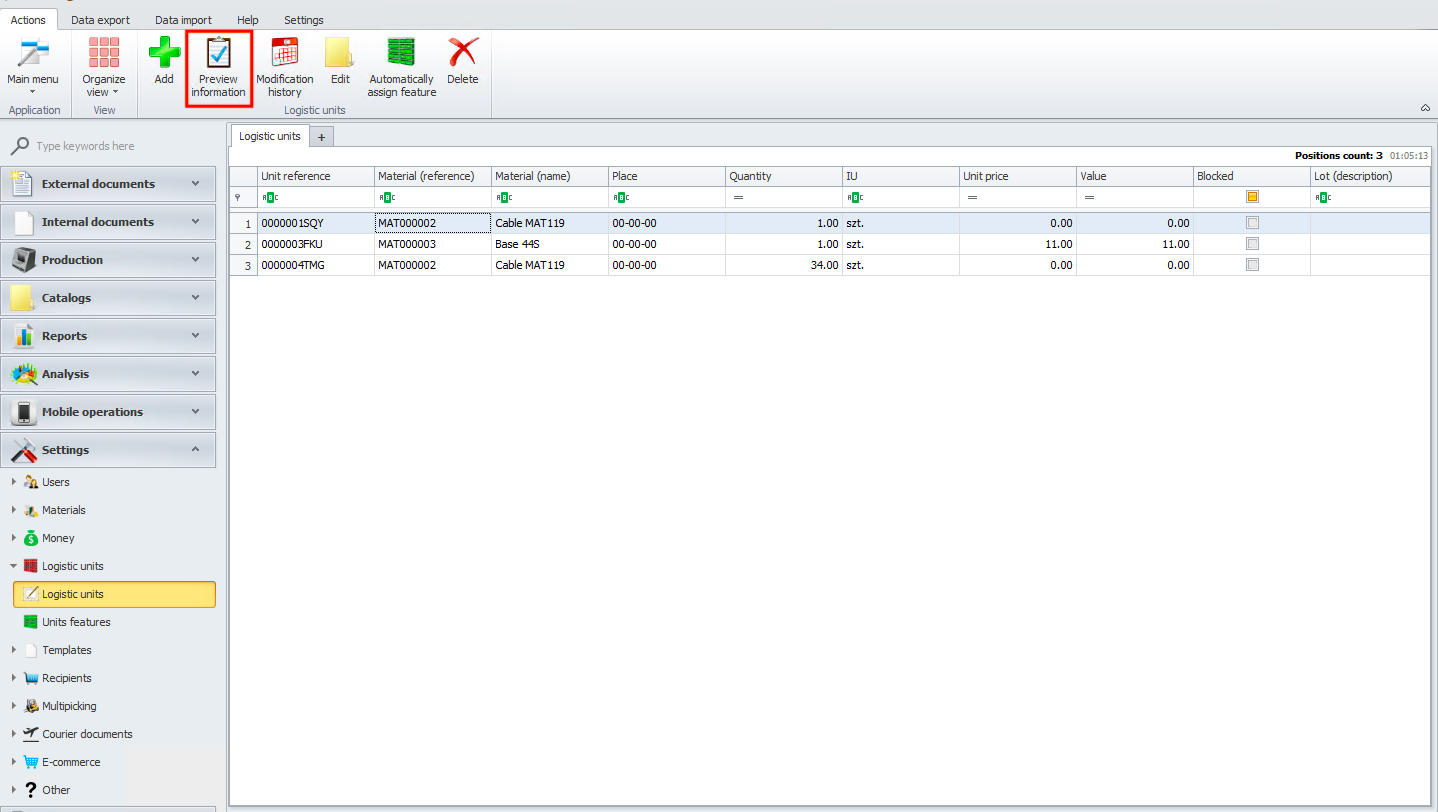 Preview information button for logistic units in Weaver WMS