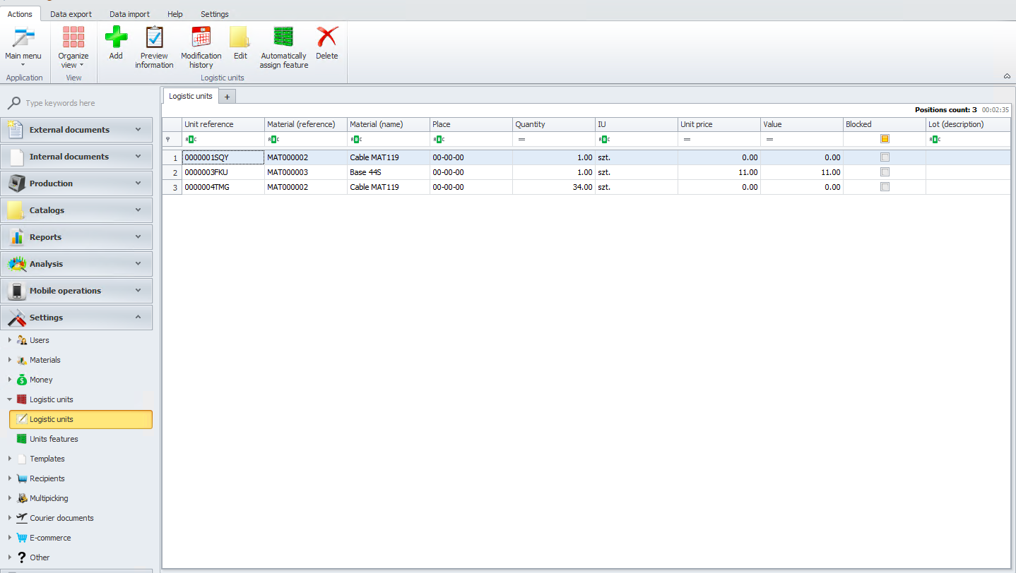 View of logistic units in Weaver WMS
