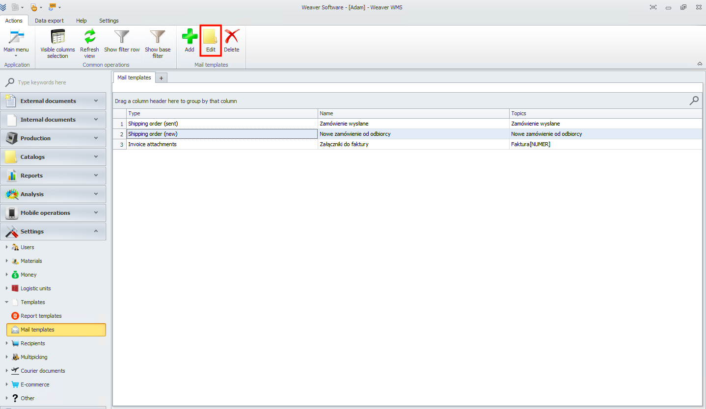 Editing an email template in Weaver WMS Editing an email template in Weaver WMS