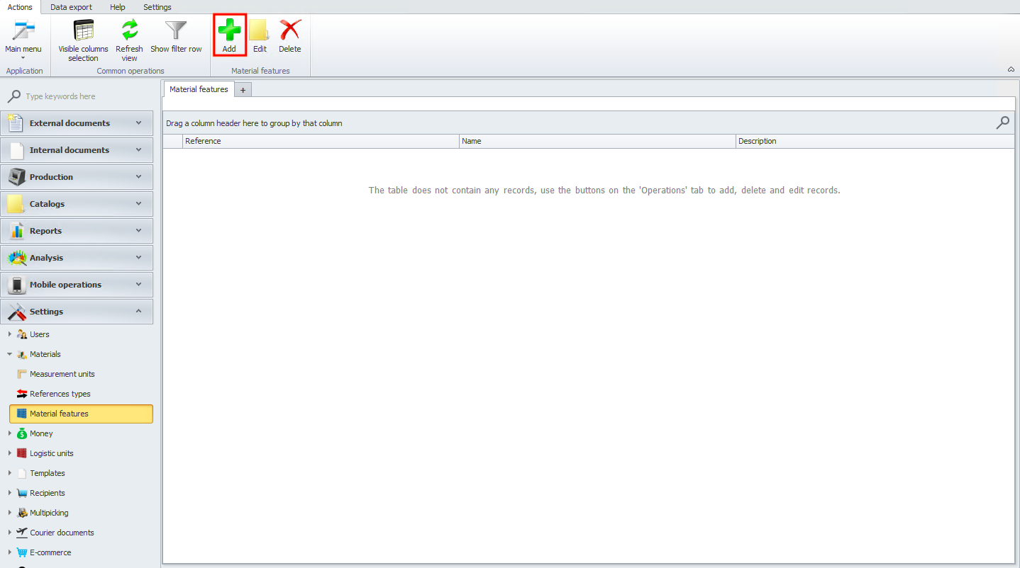 Adding a new material feature in Weaver WMS