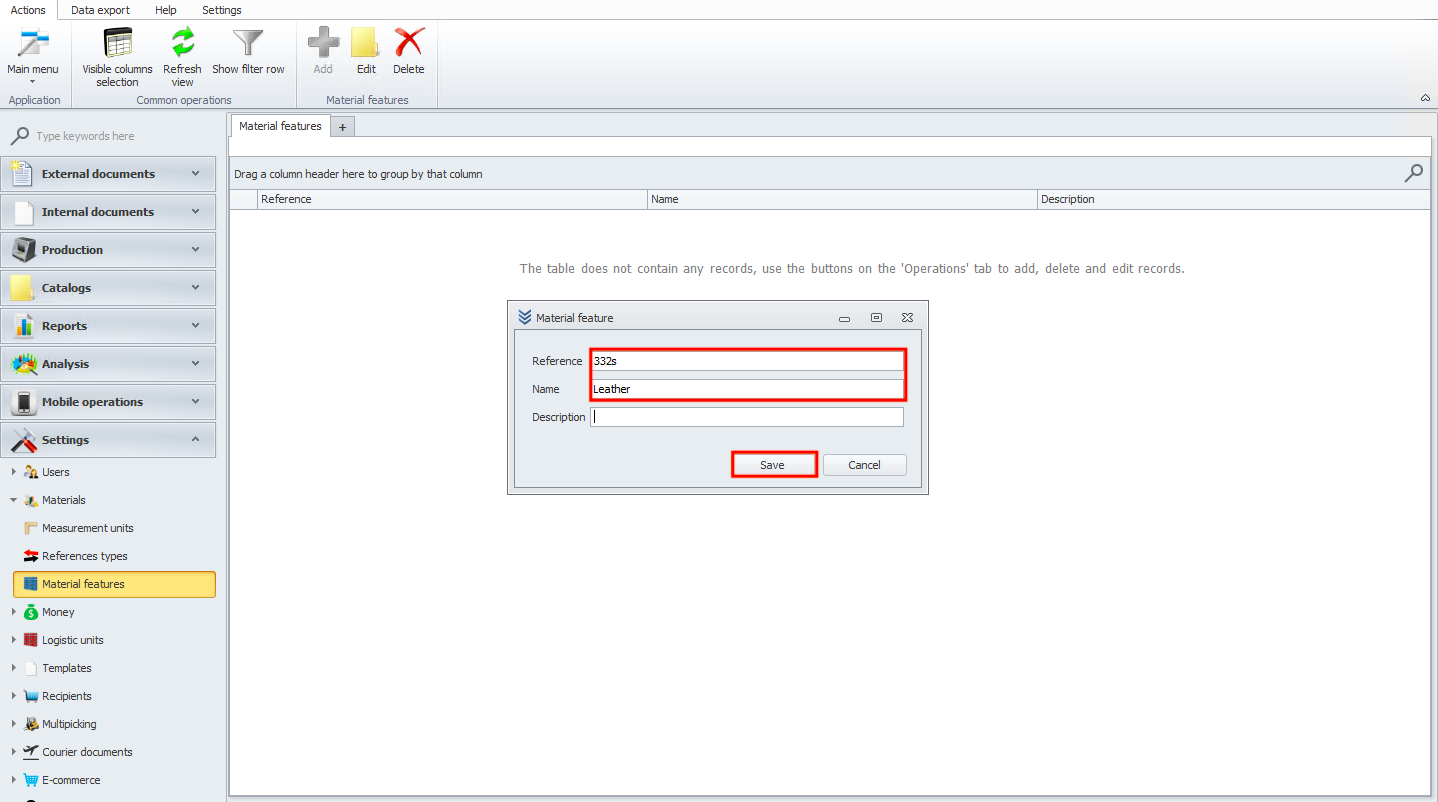 Entering name and reference for material feature
