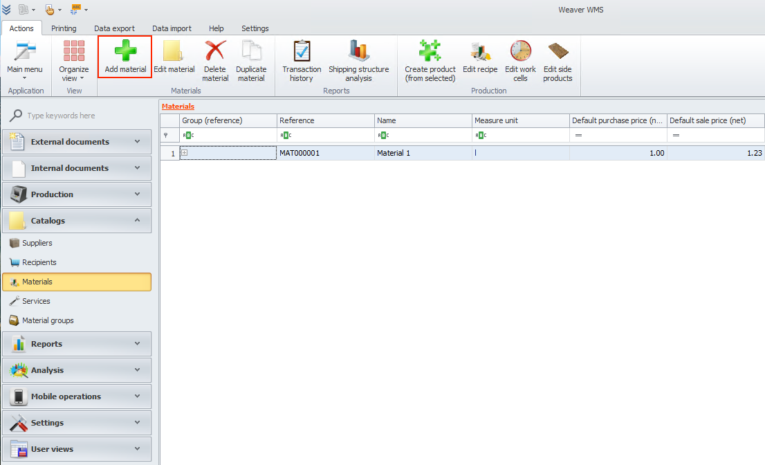 Adding a new material in Weaver WMS