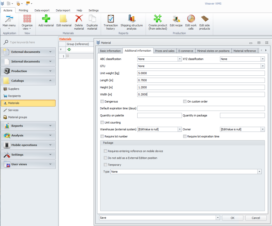 Adding additional material information in Weaver WMS