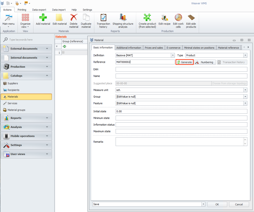 Adding basic material information in Weaver WMS