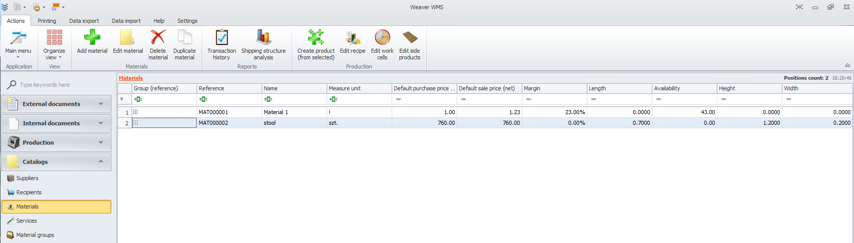 Material data visible in Weaver WMS