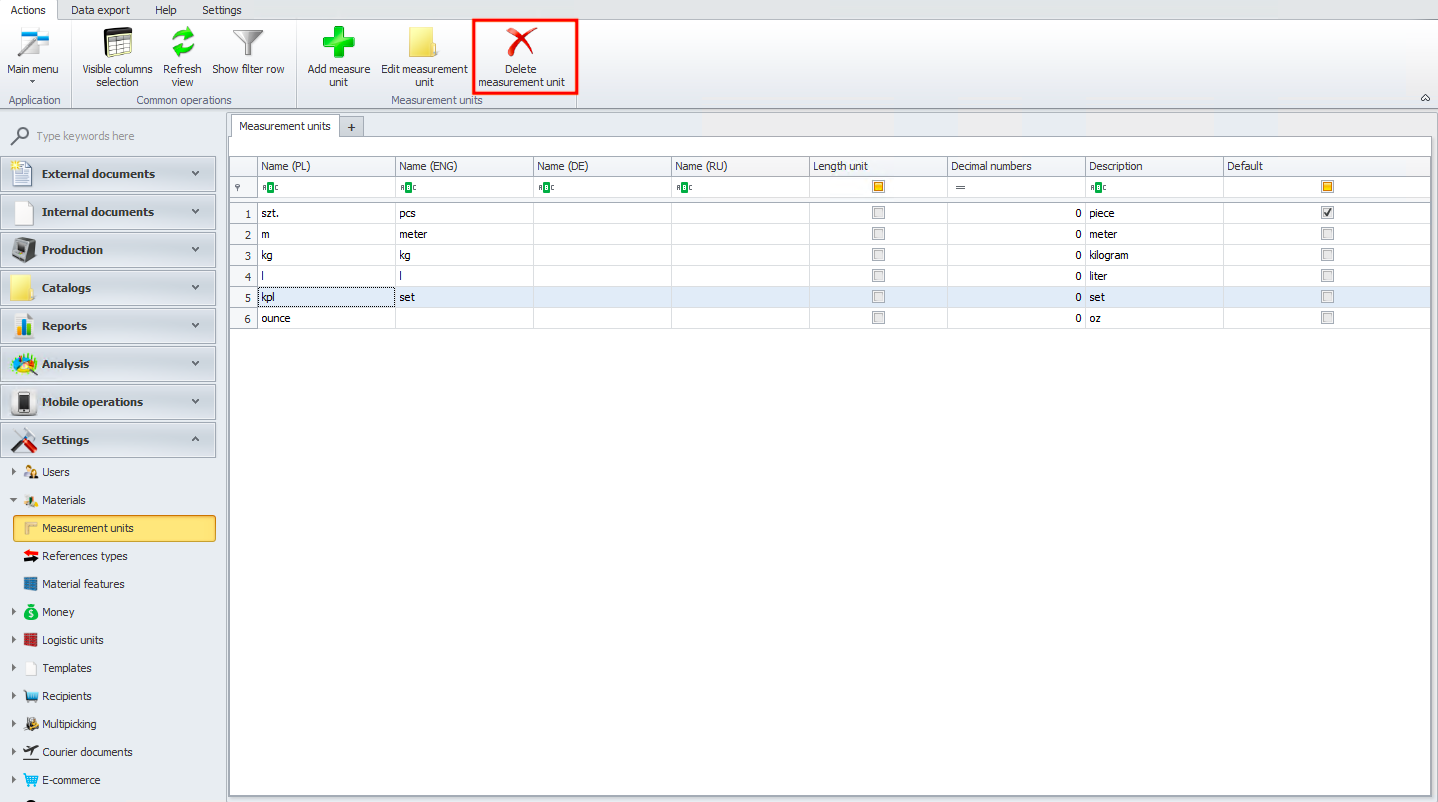 Deleting a measurement unit in Weaver WMS