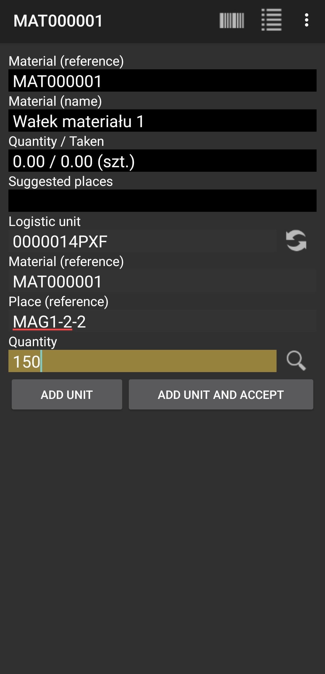 Add logistic unit and material details