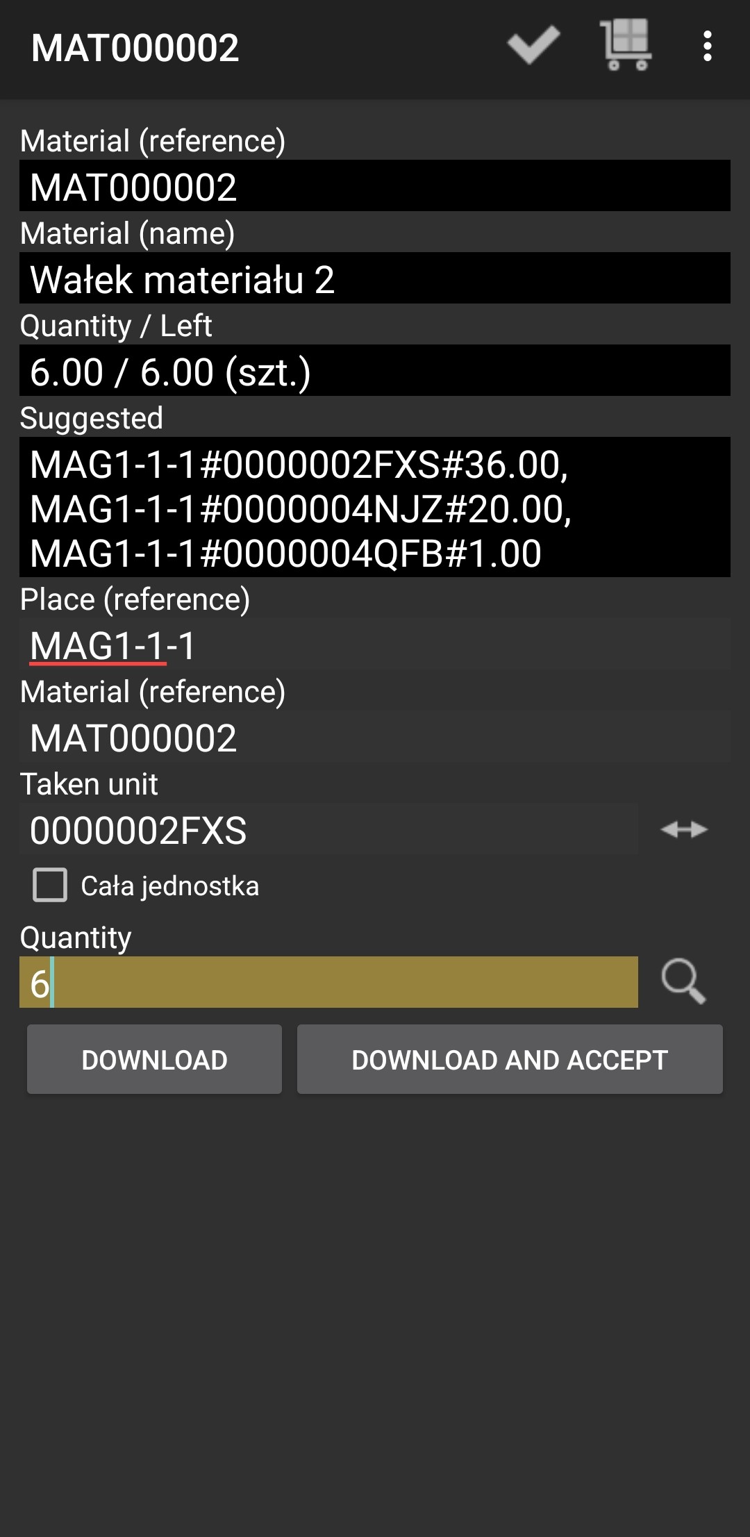 Insert material details and confirm