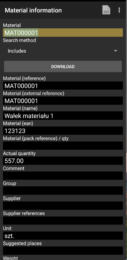 Material details in Weaver WMS