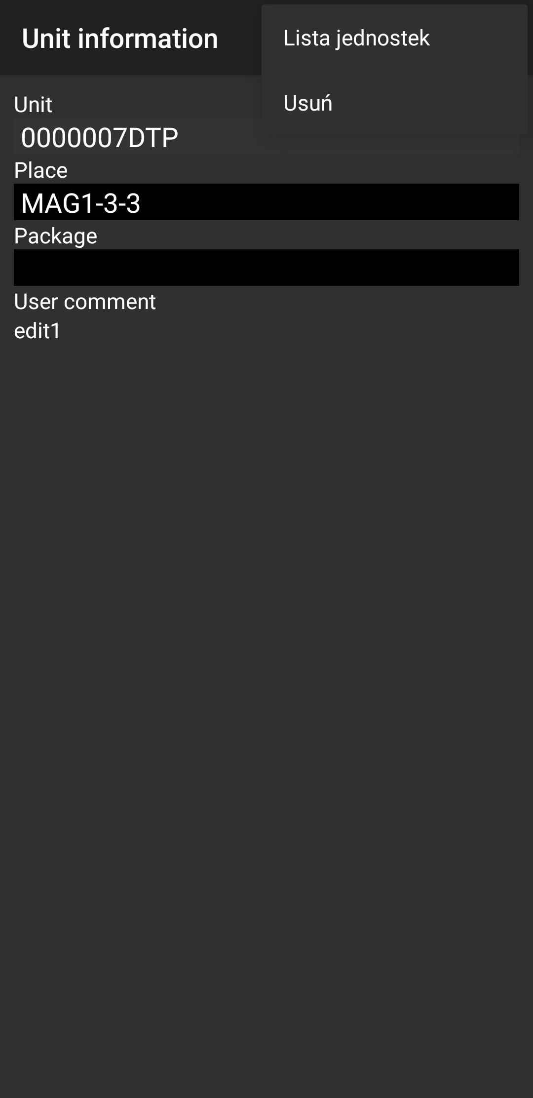 Unit options menu including delete option in Weaver WMS