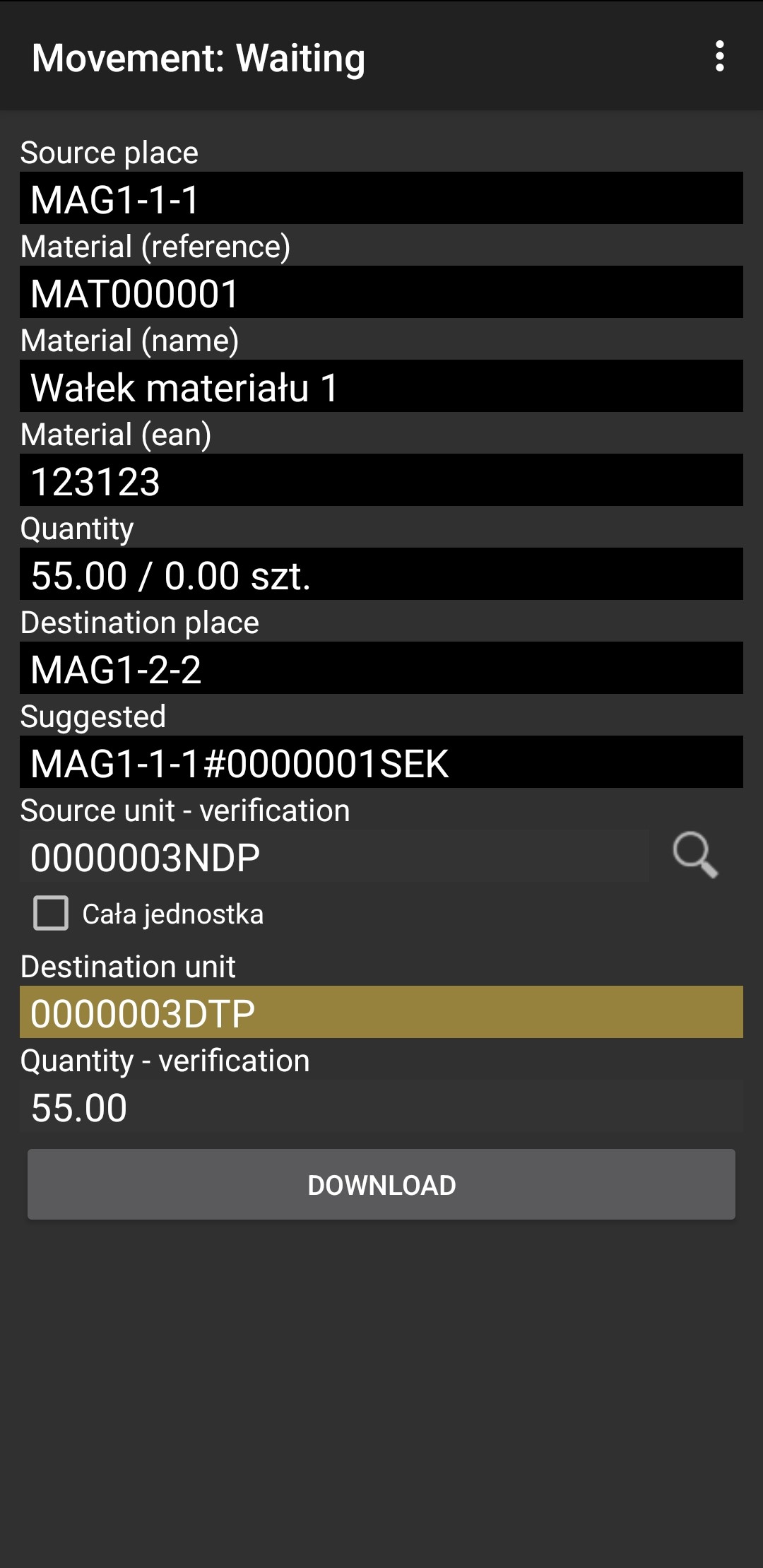 Verify source unit and enter destination unit with quantity