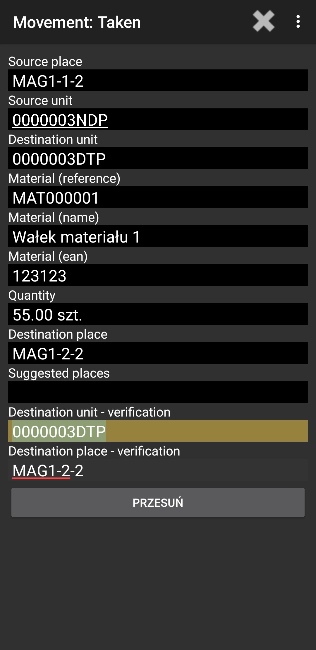 Scan the destination unit and place in the warehouse