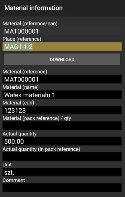 Detailed information about material at specified place