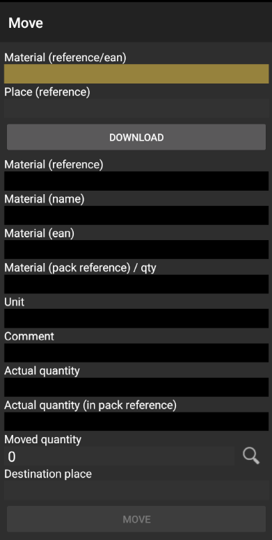 Insert place and material code to move the material