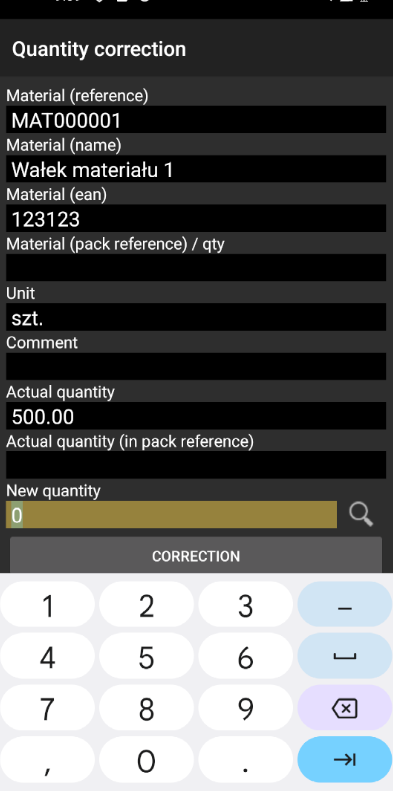 Insert new quantity and click correction