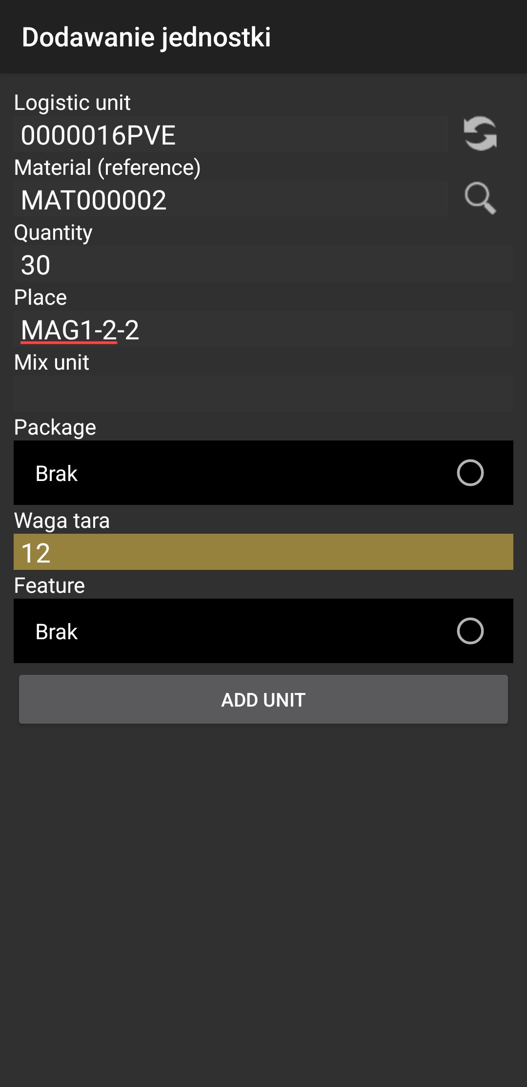 Button to add the logistic unit